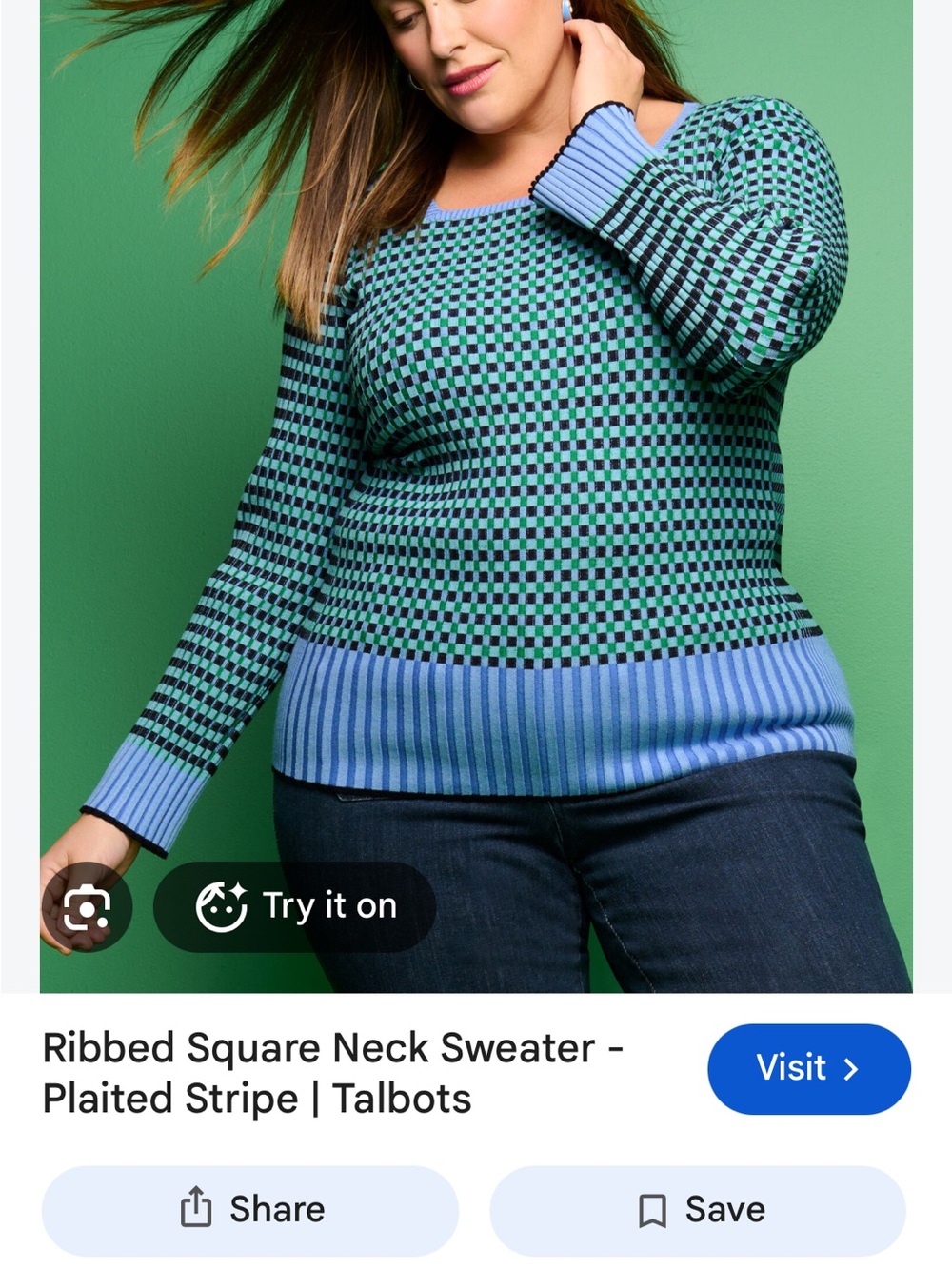 Talbots Blue and Green Checker Ribbed Square Neck Sweater